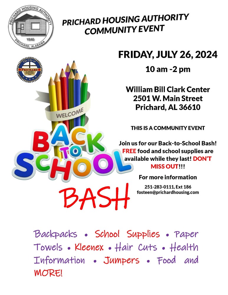 School Supply give away, Friday, July 26, 2024 at 2501 W Main Street, Prichard, AL  36610